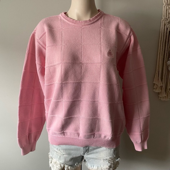 Vintage Sweaters - 90s Vintage Izod Pink Preppy Knit Sweater Grid Windowpane 100% Cotton Size Large